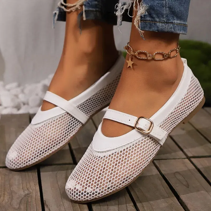 Color: black, Shoe Size: 43 - Round head one buckle strap ballet shoes women's soft bottom flat hollow Mary Jane single fishing net shoes
