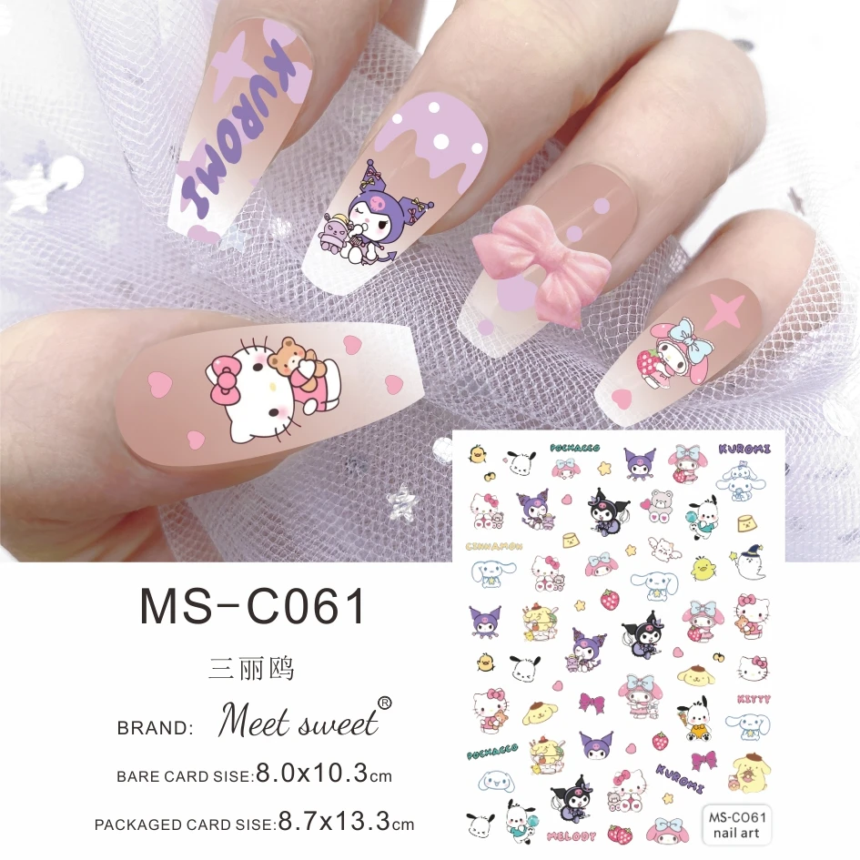 Color: GRAY - 1PCS 3D Cute Chulomi Melody Hello Kitty Cartoon Stickers For Nails Nail Accessories Mickey Mouse Barbie Princess Nail Stickers