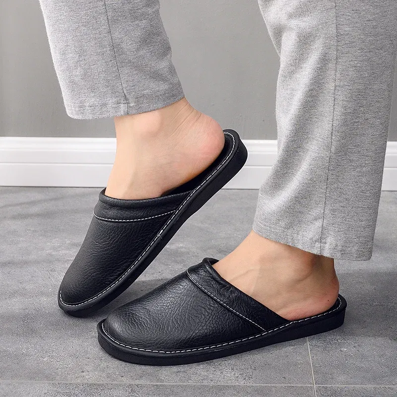 Color: PURPLE, Shoe Size: 4.5 - Mens Bedroom Leather Slippers Unisex Black Home Shoes Big Size 47 48 Man's Slippers Indoor Comfy Males Slides Family Flats Shoes