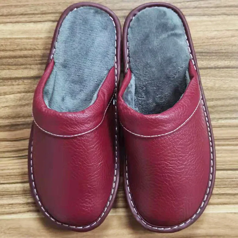 Color: PURPLE, Shoe Size: 4.5 - Mens Bedroom Leather Slippers Unisex Black Home Shoes Big Size 47 48 Man's Slippers Indoor Comfy Males Slides Family Flats Shoes