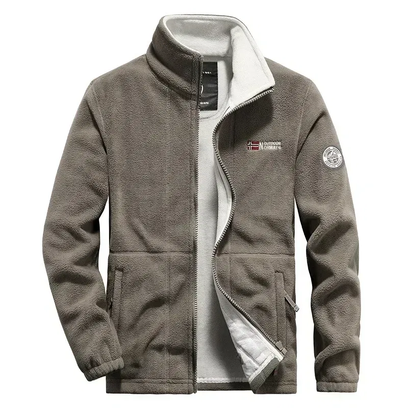 Color: Beige, Size: M - Men Fleece Jacket Pockets Thicken Polar Norway Ski Jackets Cold-proof Overcoat Plus Size Outwear Autumn Winter Casual Warm Coat