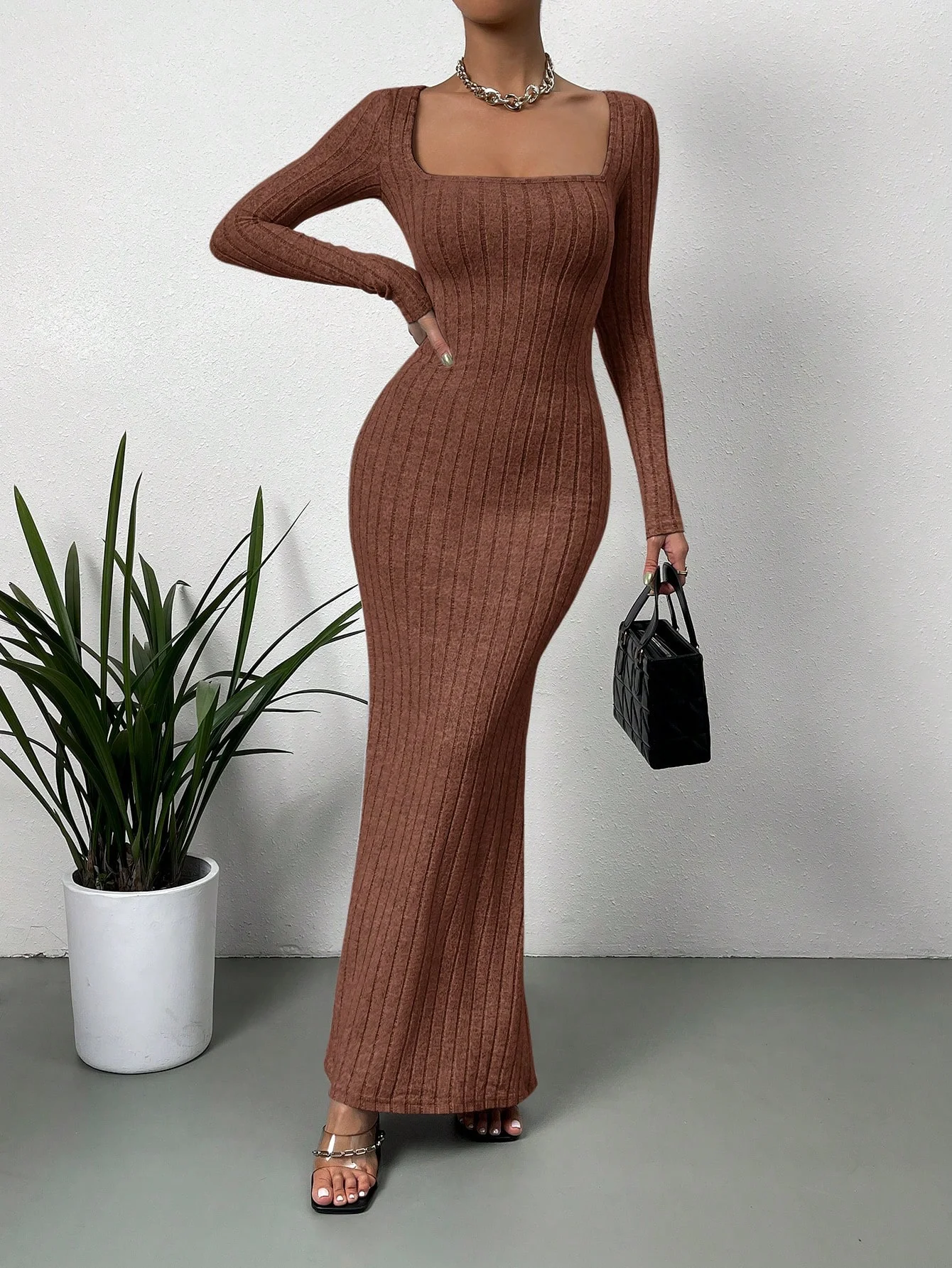 Color: Dark Brown, Size: XS - Women's Sexy Square Neck Mid-Length Knitted Dress Slim Fit Retro Long-Sleeved Wrap Hip Robe for Fall