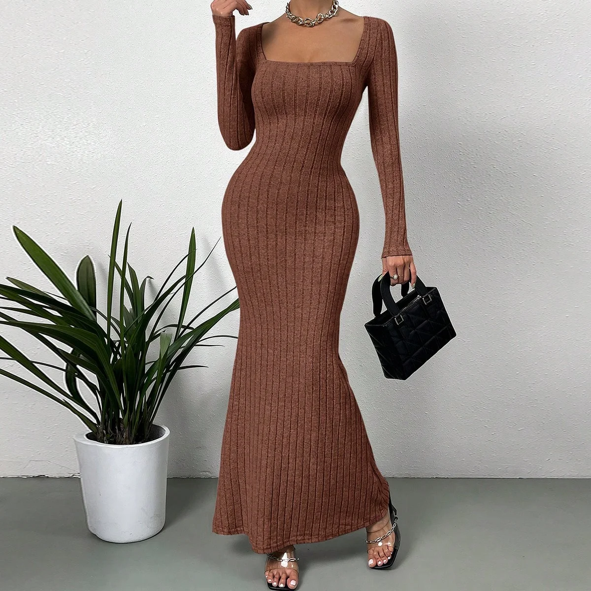 Color: Dark Brown, Size: XS - Women's Sexy Square Neck Mid-Length Knitted Dress Slim Fit Retro Long-Sleeved Wrap Hip Robe for Fall