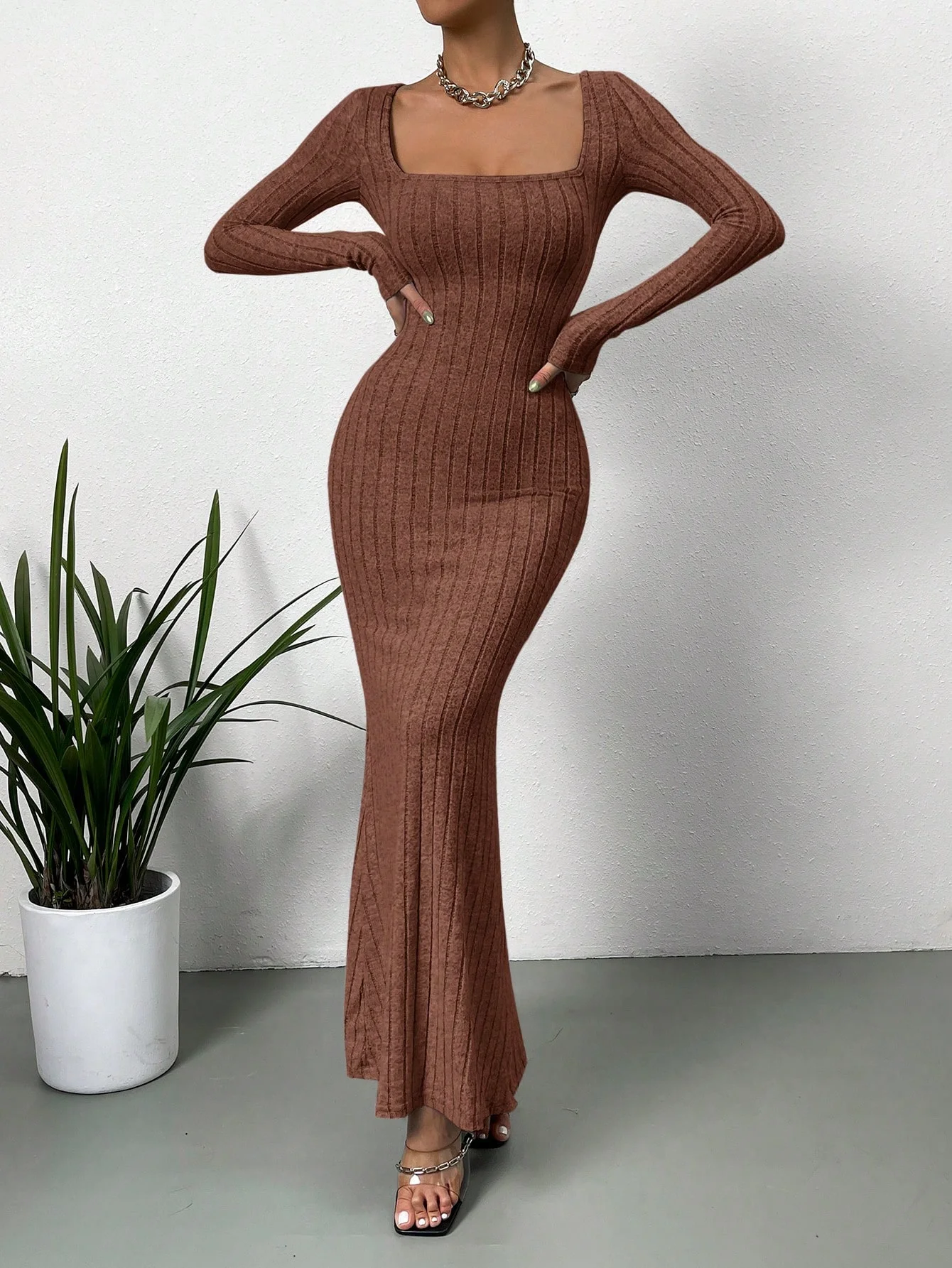 Color: Dark Brown, Size: XS - Women's Sexy Square Neck Mid-Length Knitted Dress Slim Fit Retro Long-Sleeved Wrap Hip Robe for Fall