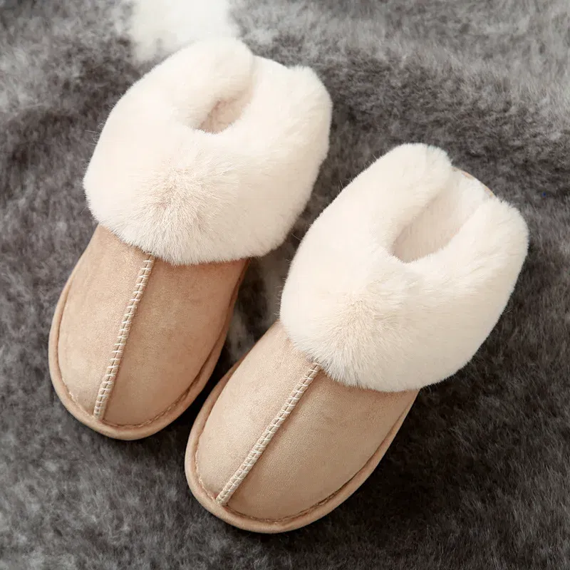 Color: Dark Grey, Shoe Size: 42 - Women's Faux Fur Slippers 2024 New Warm Thicked Plush Bedroom Sandals Woman Comfort Soft Sole Home Couple Winter Shoes Slides
