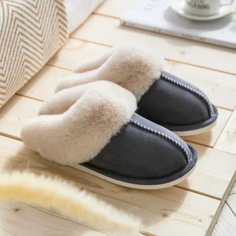 Color: Dark Grey, Shoe Size: 42 - Women's Faux Fur Slippers 2024 New Warm Thicked Plush Bedroom Sandals Woman Comfort Soft Sole Home Couple Winter Shoes Slides
