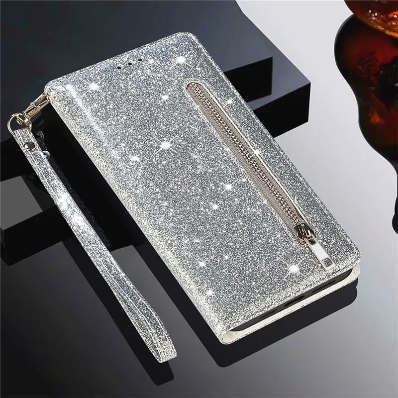 Color: Silver, Material: PP - Zipper Flip Wallet Glitter Leather Case for iPhone 16 15 14 13 12 11 Pro Max XS XR 8 7 Plus SE 2022 Mini Bling Stand Phone Cover