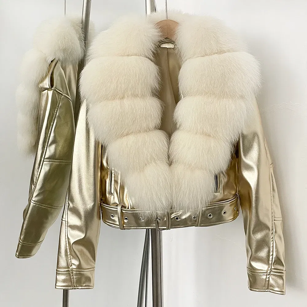 Color: ROYAL BLUE, Size: XL - Fake Leather Coat New Natural Fox Fur Autumn Short Faux Leather Jacket Female Spring PU Women Long Sleeve Real Fur Coat Thin