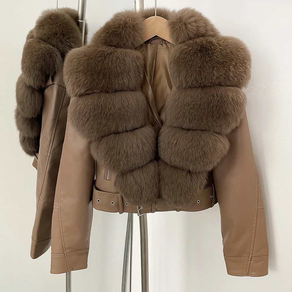 Color: ROYAL BLUE, Size: XL - Fake Leather Coat New Natural Fox Fur Autumn Short Faux Leather Jacket Female Spring PU Women Long Sleeve Real Fur Coat Thin