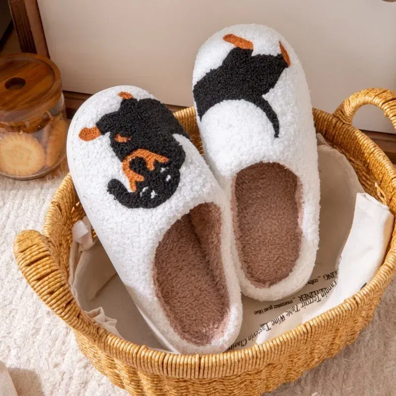 Color: Beige, Shoe Size: 40-41 - Pet Pattern Dachshund Embroidery Stuffed Home Thick Sole Plaid Furry Cotton Slippers Warm Non-slip Indoor Slippers Pet Mom Gift