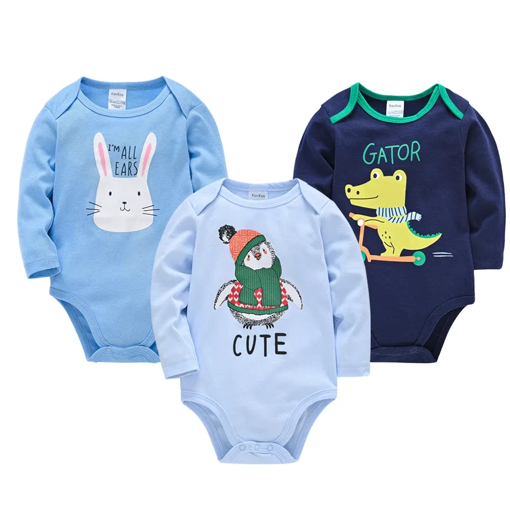 Color: SKY BLUE, Kid Size: 9M - Kavkas Baby Boys Girls Bodysuit 3 PCS Long Sleeve 100% Cotton Baby Clothes 0-12 Months Newborn Body Bebe Jumpsuit Clothing
