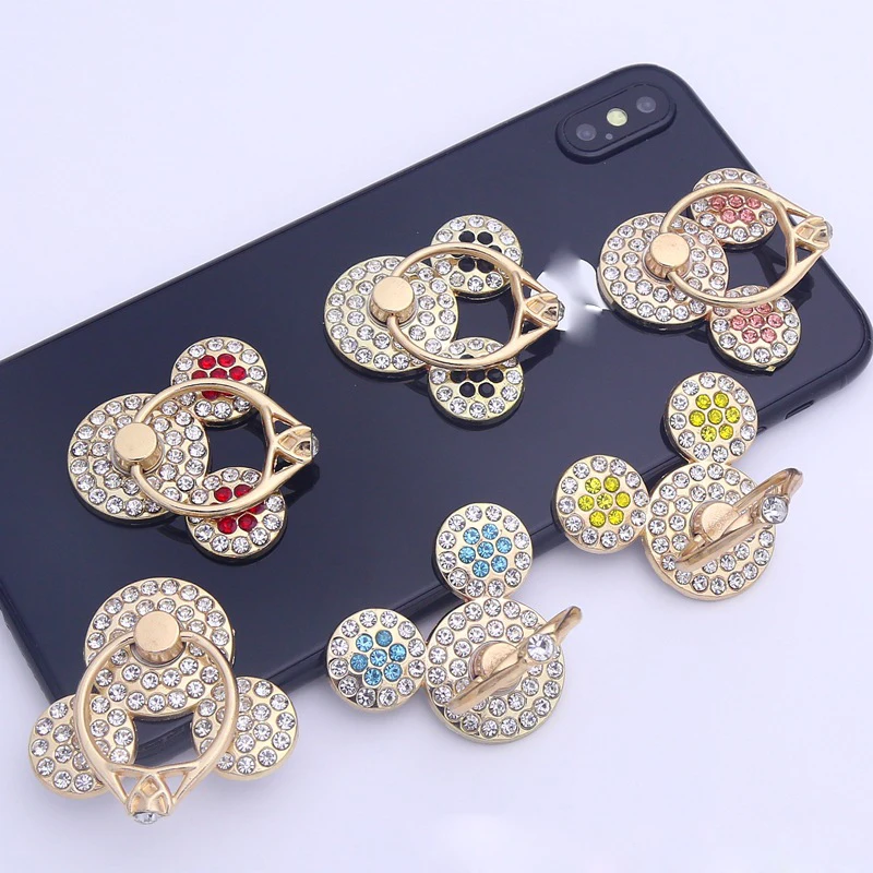 Color: black - Cute Anime Mickey Mouse Minnie Phone Finger Ring Holder With Diamond Kawaii High Quality Mobile Stand For Iphone 13 14 Huawei