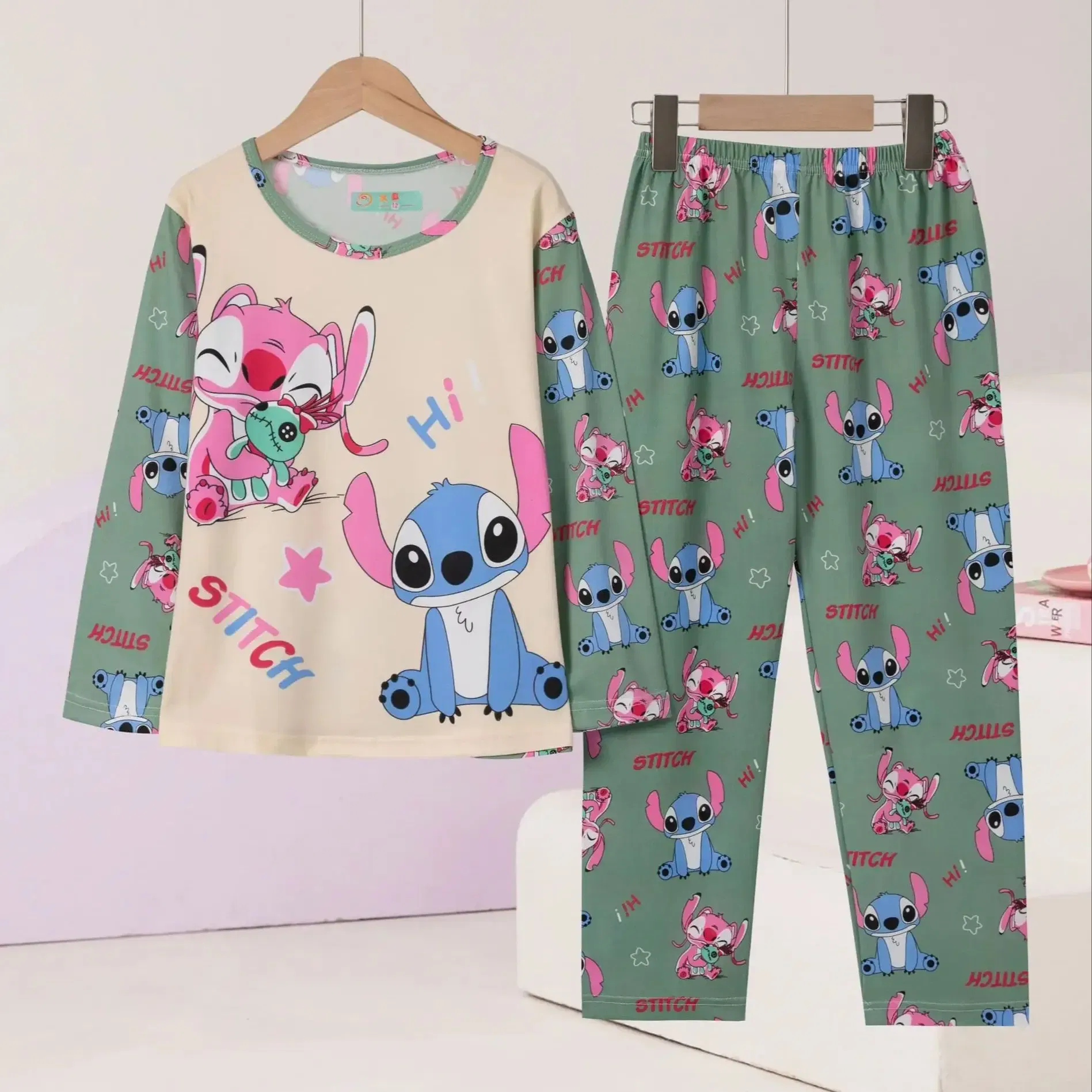 Color: black, Kid Size: 11 - New Pajama Boys Girls Pajamas Stitch Clothing Sets Kids Long Sleeve +Pant 2Piece Children Home Clothing Girl Nightgown