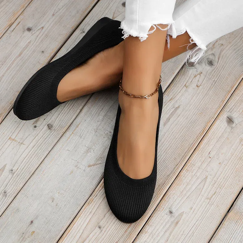 Color: black, Shoe Size: 37 - Elastic Knitting Flats Slip on Shoes for Women 2024 Summer Breathable Soft Loafers Woman Lightweight Casual Shoes Mom Moccasins