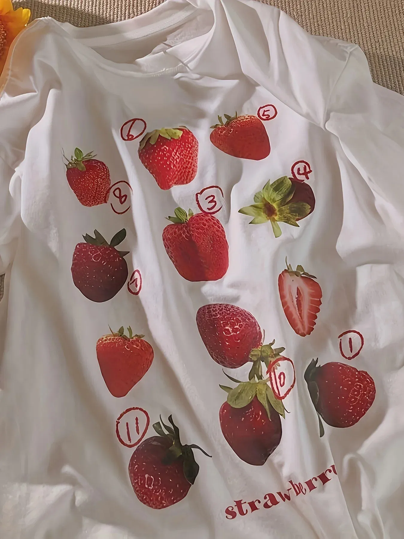 Color: Light Yellow, Size: XL - 100% Cotton Women T-shirt Cute Fresh Strawberries Printed Tee Shirt Summer Comfortable Loose Tops Street Fashion Female Clothes