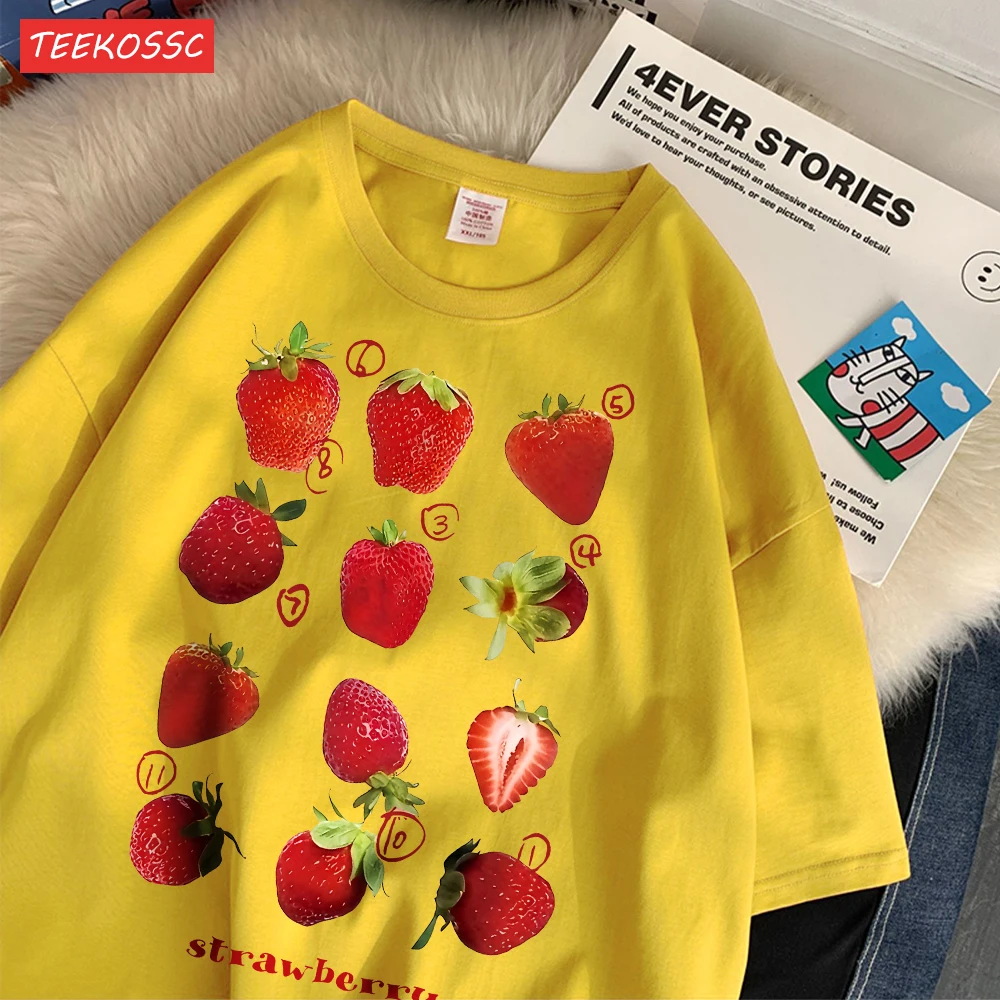 Color: Light Yellow, Size: XL - 100% Cotton Women T-shirt Cute Fresh Strawberries Printed Tee Shirt Summer Comfortable Loose Tops Street Fashion Female Clothes
