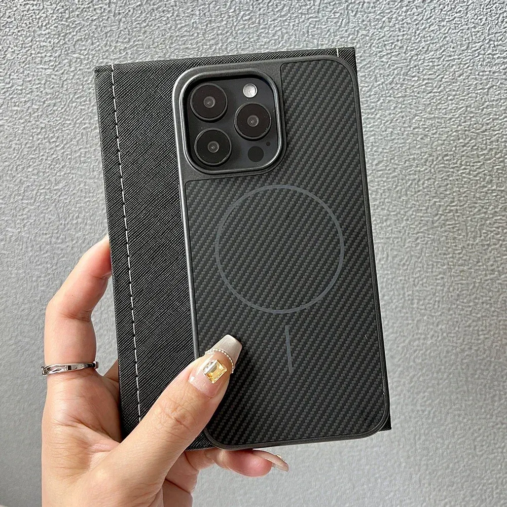 Color: Beige, Compatible-Phone Models: For iPhone 12 Pro Max - Carbon Fiber Textured Magnetic Phone Case For iPhone 16 Pro Max 15 14 13 12 Shockproof Soft Cover For Magsafe Wireless Charging