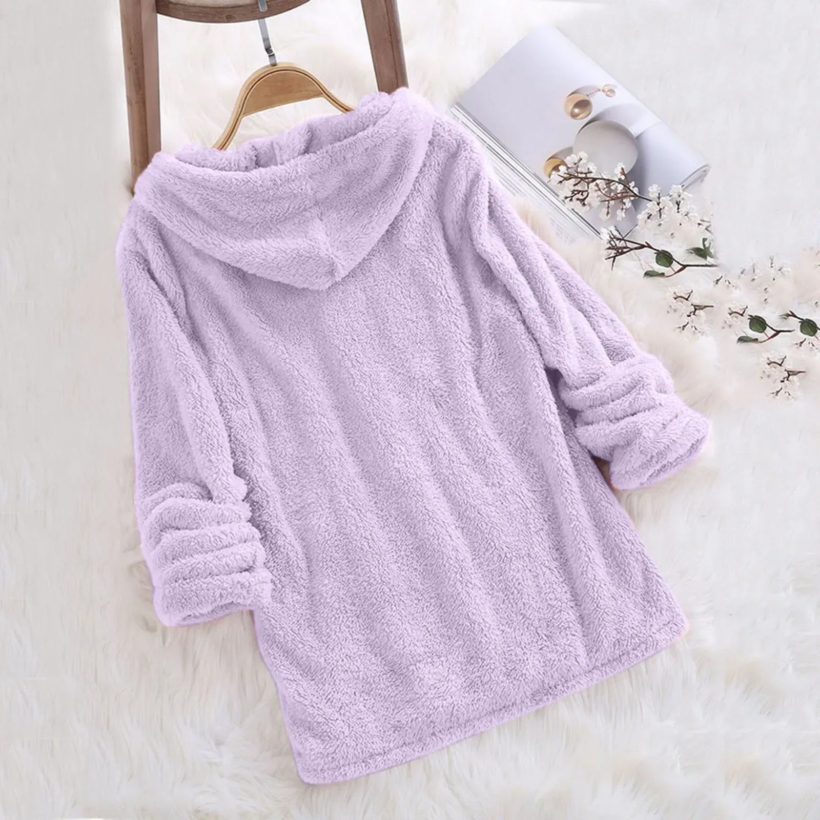 Color: PURPLE, Size: S, Ships From: CN - Women's Winter Casual Solid Color Plush Hooded Long Sleeve Pullover Thick Warm Fluffy Sweatshirts Blouse Oversized Loose Tops