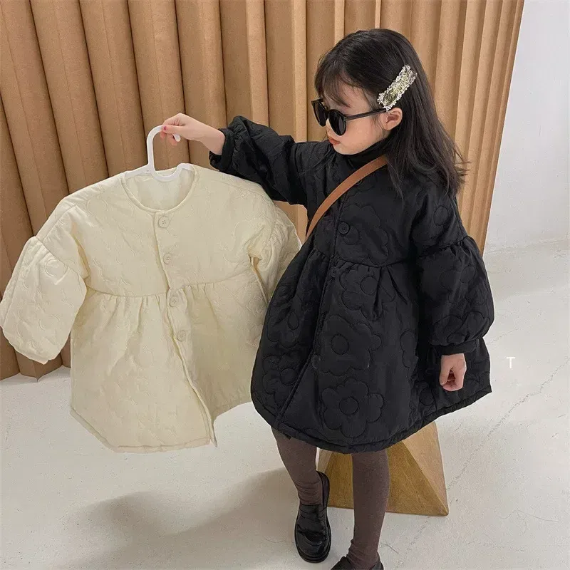 Color: black, Kid Size: 6T - Children's Coats Autumn and Winter Coat with Floral Embroidery Puffed Sleeves Girls Coat Baby Girl Winter Clothes