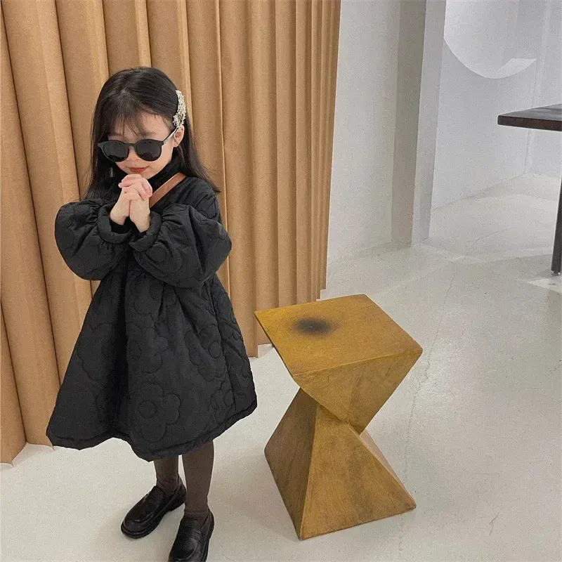 Color: black, Kid Size: 6T - Children's Coats Autumn and Winter Coat with Floral Embroidery Puffed Sleeves Girls Coat Baby Girl Winter Clothes