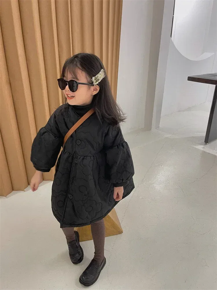 Color: black, Kid Size: 6T - Children's Coats Autumn and Winter Coat with Floral Embroidery Puffed Sleeves Girls Coat Baby Girl Winter Clothes