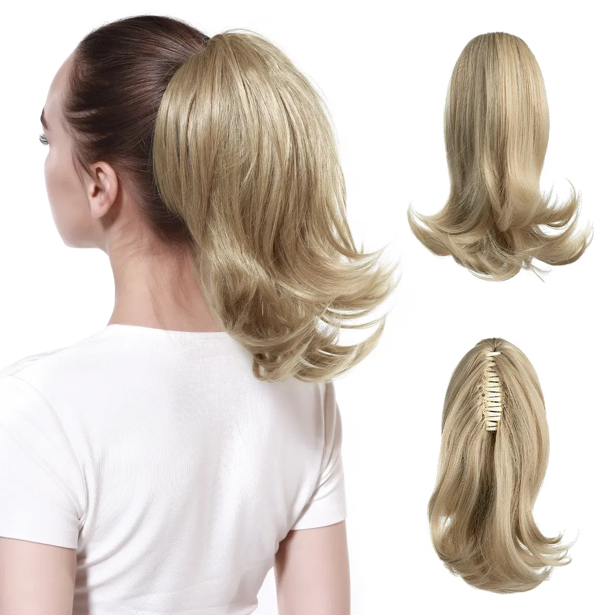 Color: P2/613, Stretched Length: 12inches - Synthetic Claw Clip In Ponytail Hair Extensions Hairpiece Horse Tail Fake Hair Wavy Blonde False Pigtail With Elastic Band