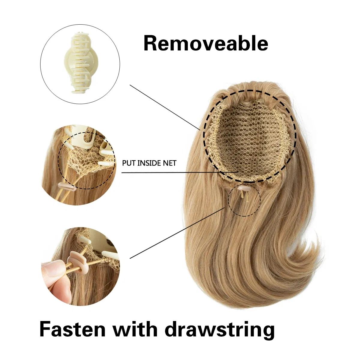 Color: P2/613, Stretched Length: 12inches - Synthetic Claw Clip In Ponytail Hair Extensions Hairpiece Horse Tail Fake Hair Wavy Blonde False Pigtail With Elastic Band