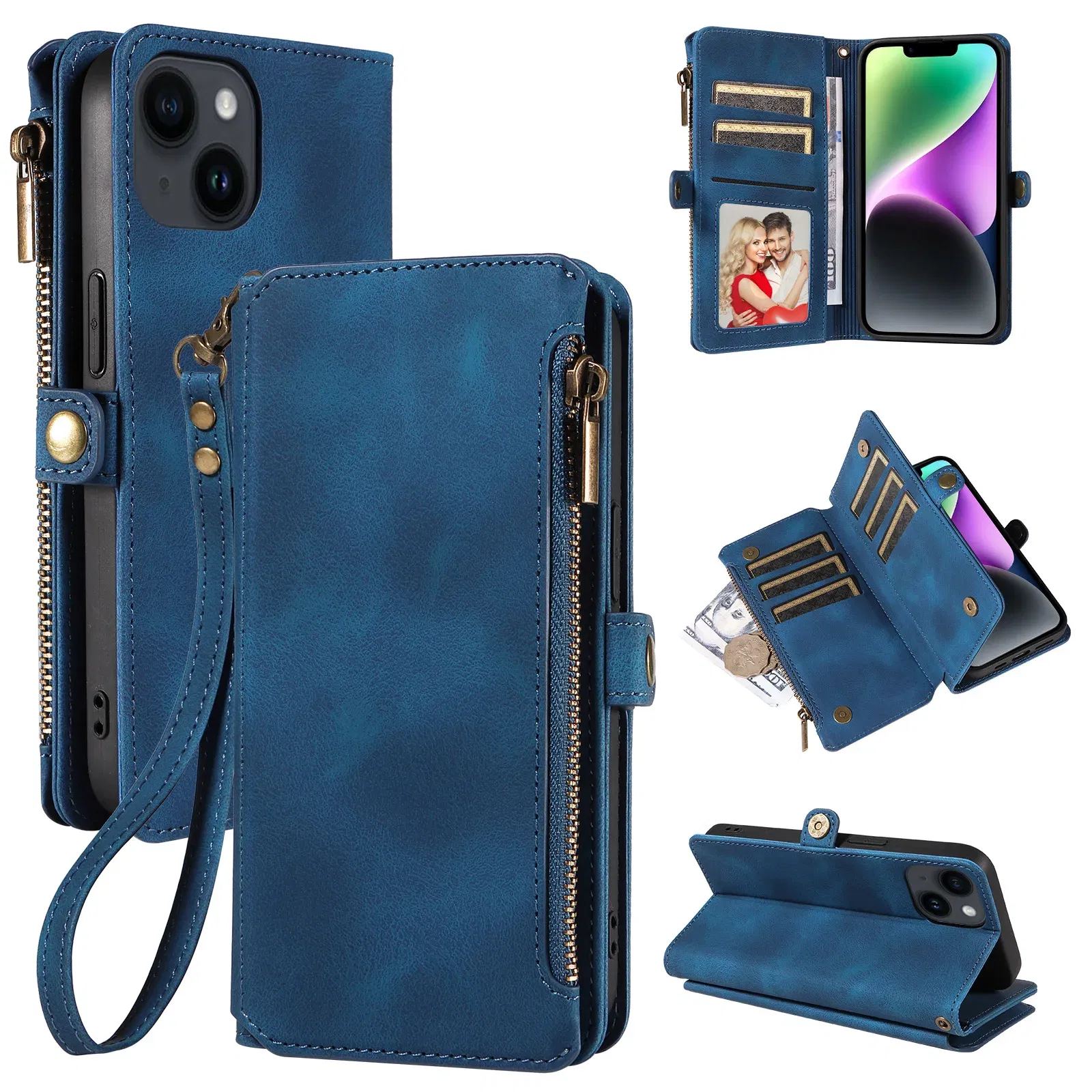 Color: SKY BLUE, Material: Neoprene - Zipper Multi 9 Cards Wallet Case for OPPO Reno 12 10 8 7 6 5 Pro 11F 11A 8T 6Z 5Z Retro Leather Lanyard Wrist Strap Phone Cover