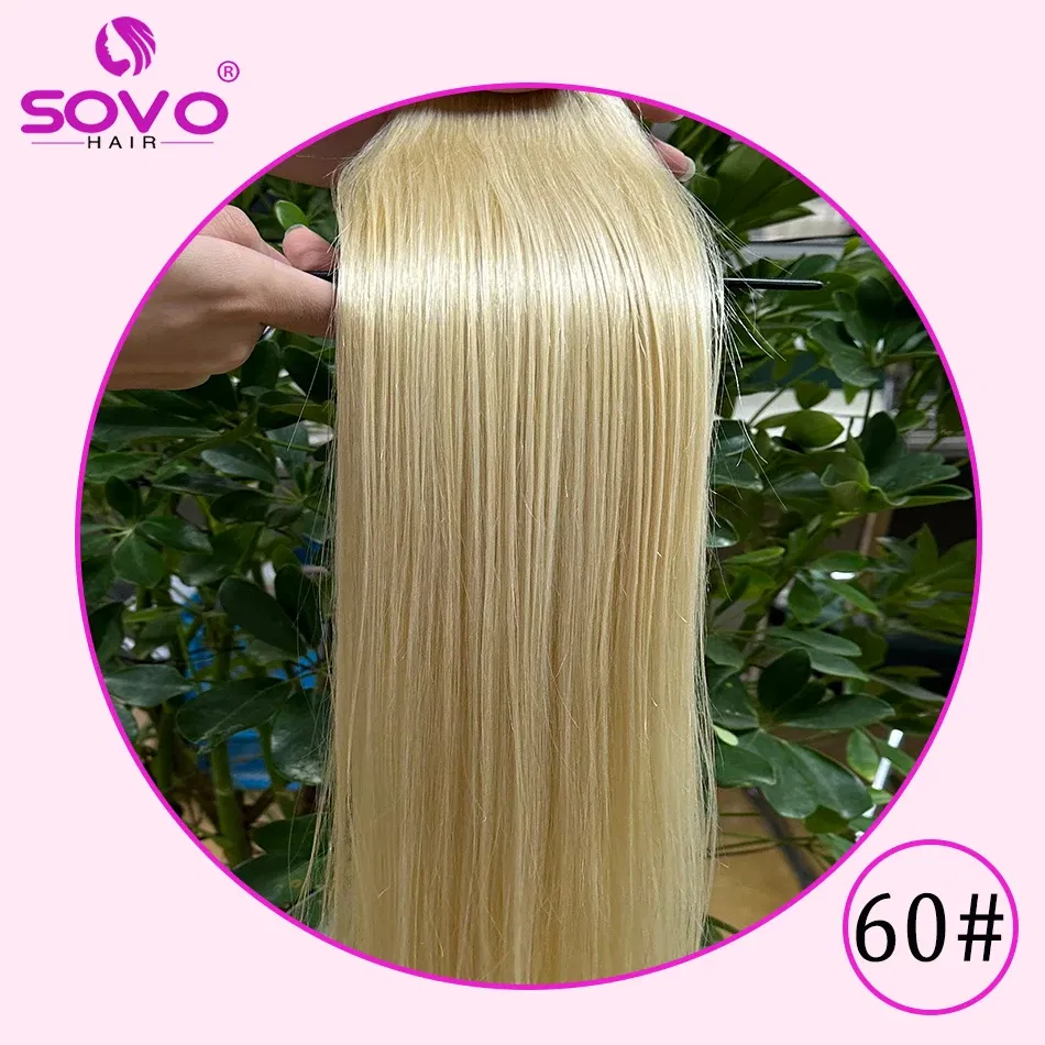 Color: #60, Length: 16inches - SOVO Clip In Hair Extensions Human Hair 3 Pieces Bone Straight Clip Ins Hair Extension 60-90G Real Natural European Hair 12-26"