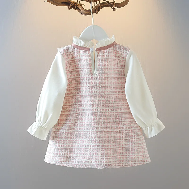 Color: Blue, Kid Size: 24M - Spring and Autumn New Baby Girl Long Sleeve Dress Fake Two Small Checkered Children's Clothes (0-3 Years Old)
