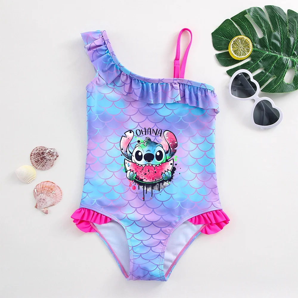 Color: black, Size: M - Stitch Girls Swimsuit Fashion Mermaid Fish Scale One-Piece Bathing Suits Children's Dresses Summer Swimwear Beach Suit Kids Wear