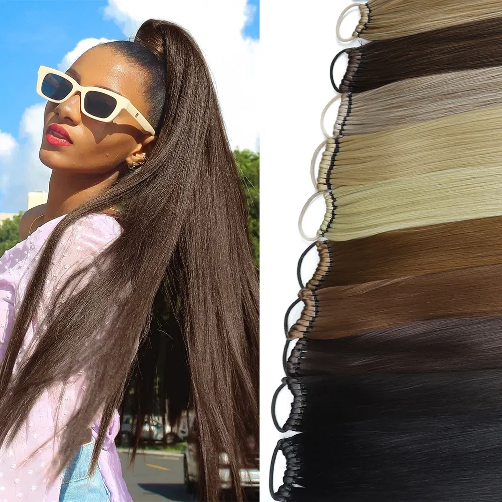 Color: T27/30/4, Ships From: CHINA, Stretched Length: 24inches - 24 Inch Synthetic Ponytail Extensions Black Natural Braided Pony Tail Hairpiece Long Straight Rubber Band Hair For Women