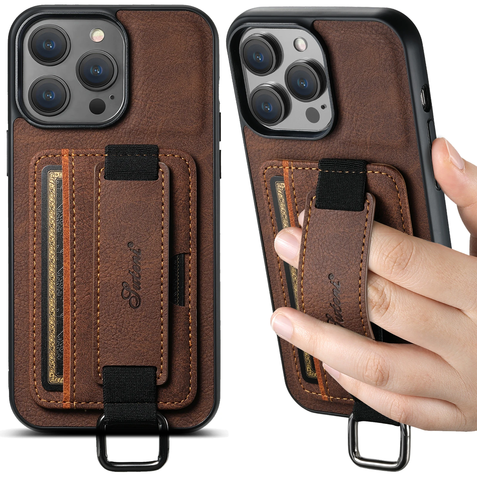 Color: PURPLE, Material: POLYESTER - SUTENI Lychee skin print wrist strap card phone case Card holder for iPhone 16 ProMax 15 Plus 14 13 12 11 XR XS Black/blue/brown