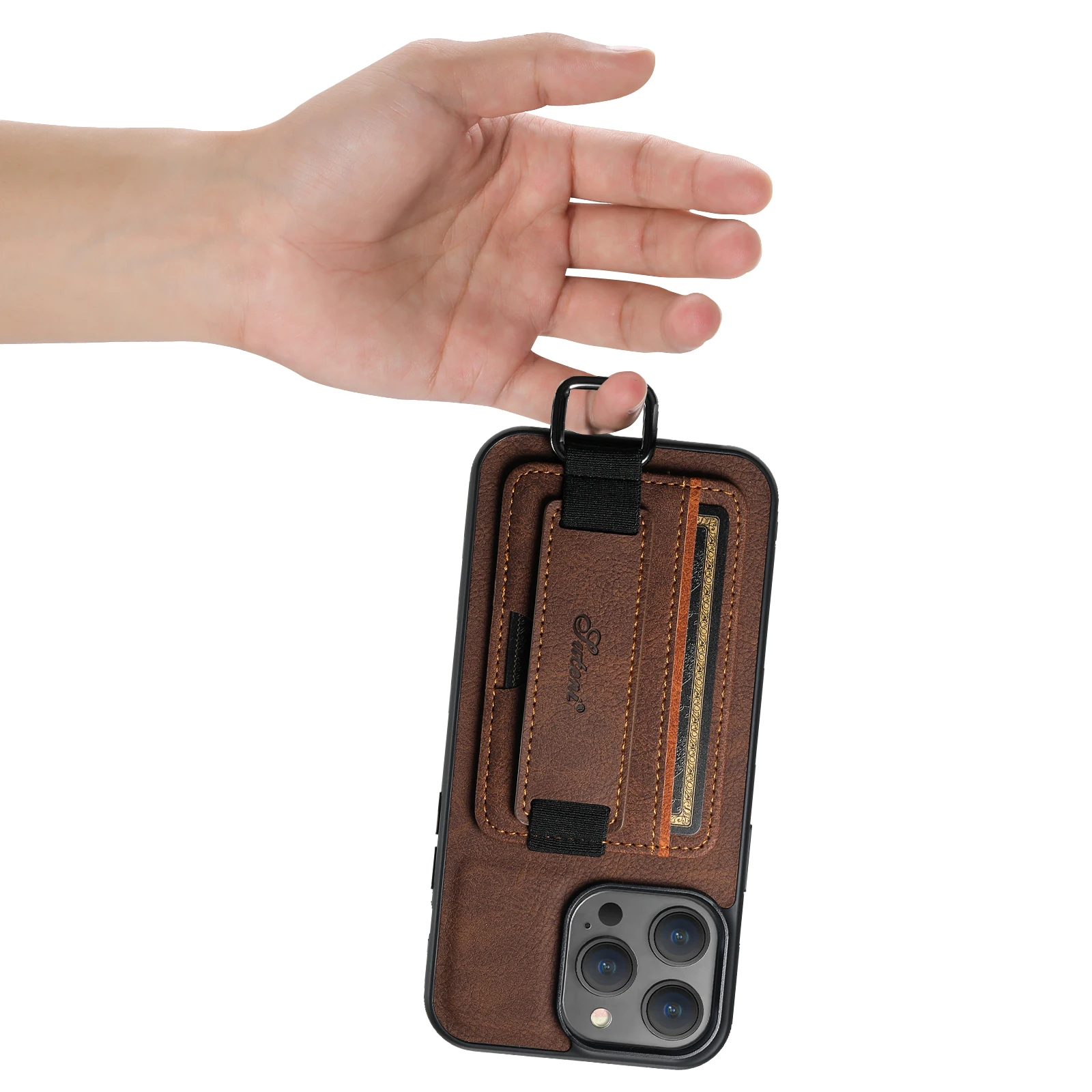 Color: PURPLE, Material: POLYESTER - SUTENI Lychee skin print wrist strap card phone case Card holder for iPhone 16 ProMax 15 Plus 14 13 12 11 XR XS Black/blue/brown