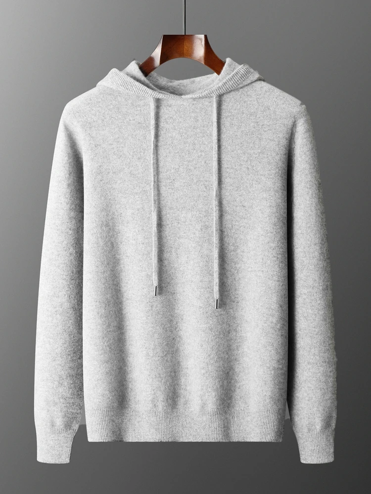 Color: Light Grey, Size: XXL - MEETCC Luxury Men Cashmere Hooded Pullover Thick Warm Hoodie Sweater Autumn Winter 100% Cashmere Knitwear Quality Jumpers Tops