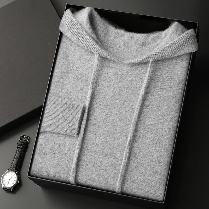 Color: Light Grey, Size: XXL - MEETCC Luxury Men Cashmere Hooded Pullover Thick Warm Hoodie Sweater Autumn Winter 100% Cashmere Knitwear Quality Jumpers Tops