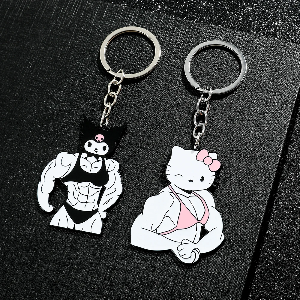 Color: green - Sanrio Kuromi Hello Kitty Keychain Funny Muscle Anime Figure Keychain Girls Backpack Pendant Jewelry Accessories