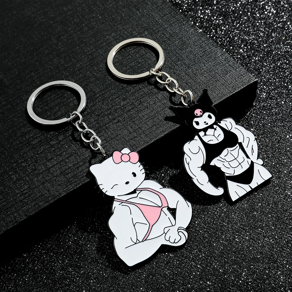 Color: green - Sanrio Kuromi Hello Kitty Keychain Funny Muscle Anime Figure Keychain Girls Backpack Pendant Jewelry Accessories