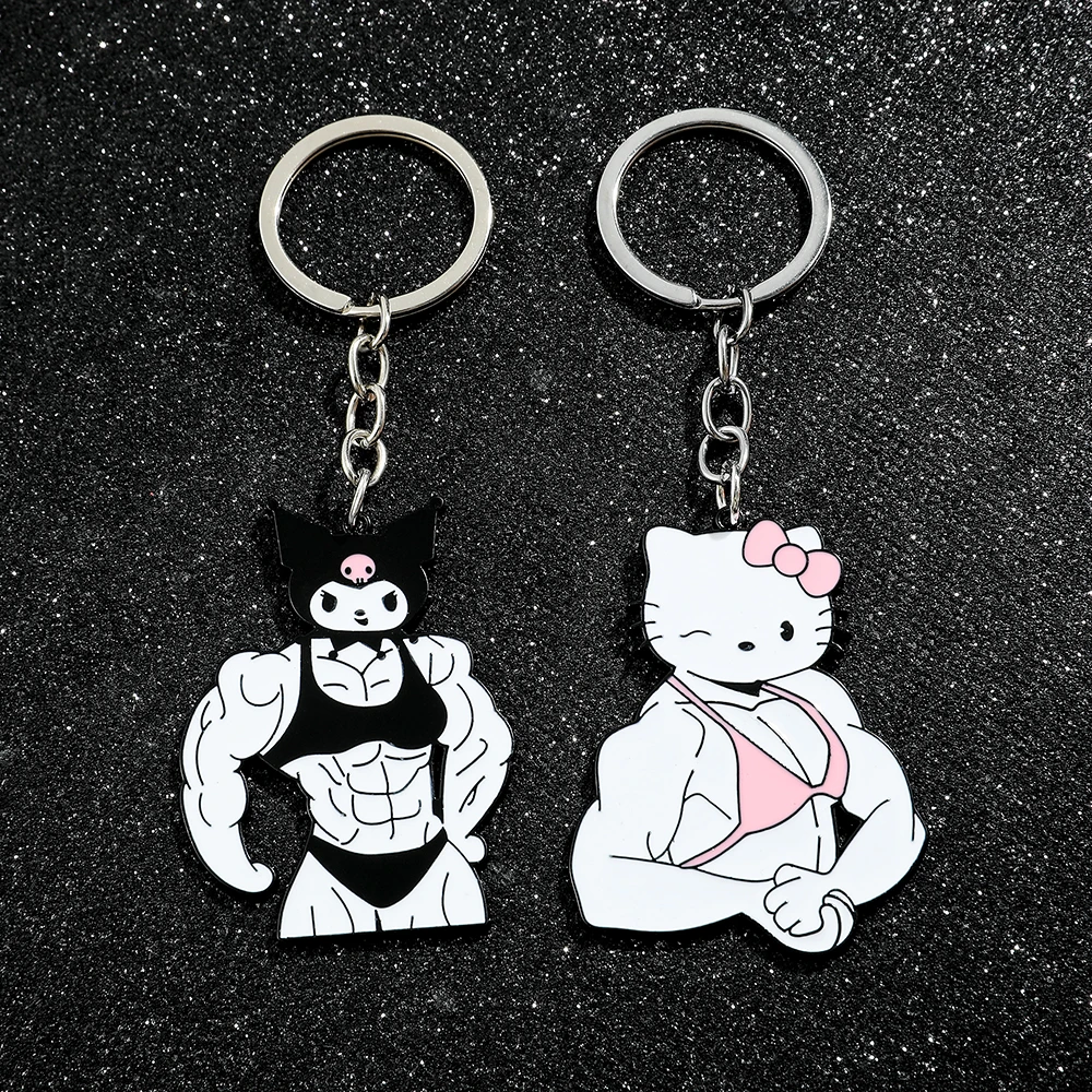 Color: green - Sanrio Kuromi Hello Kitty Keychain Funny Muscle Anime Figure Keychain Girls Backpack Pendant Jewelry Accessories