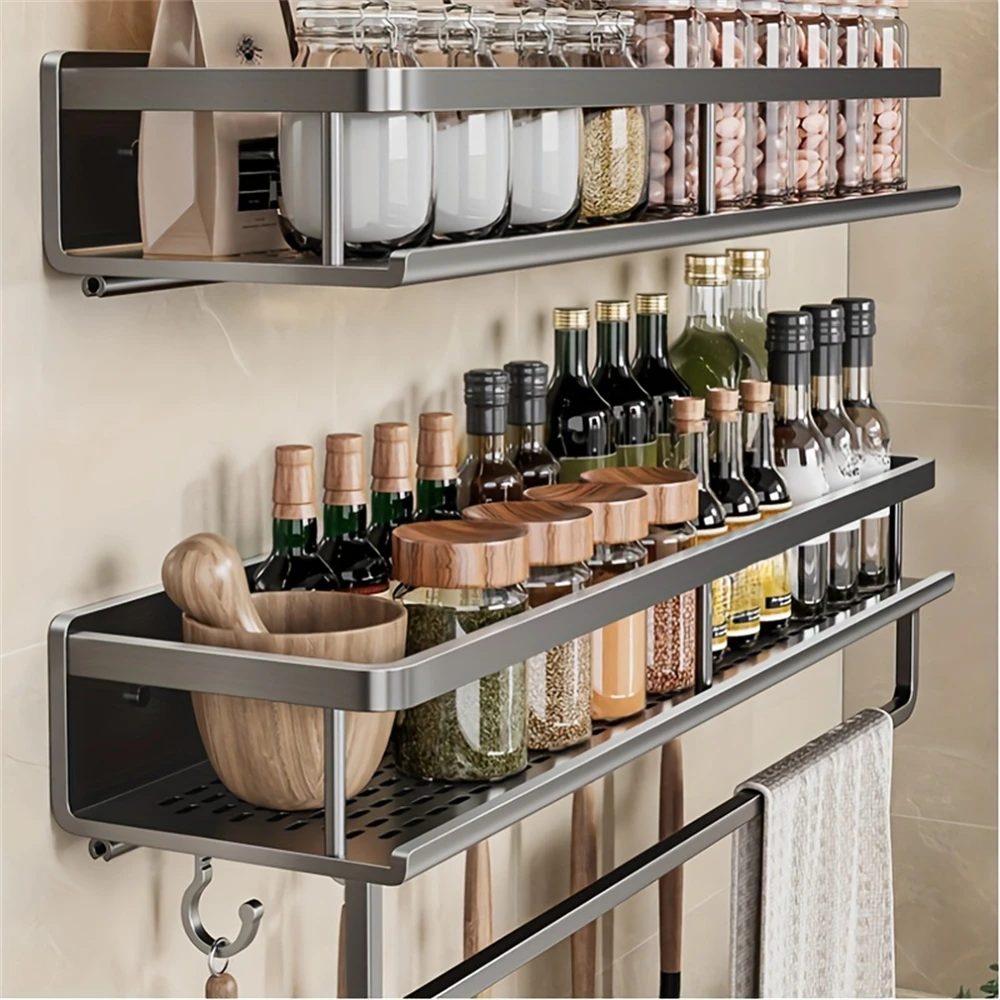 Color: Brown - Multifunctional Kitchen and Bath Tray Wall-Mounted Aluminum Storage Rack Seasoning Bottle Storage Shelf Kitchen Storage Hooks
