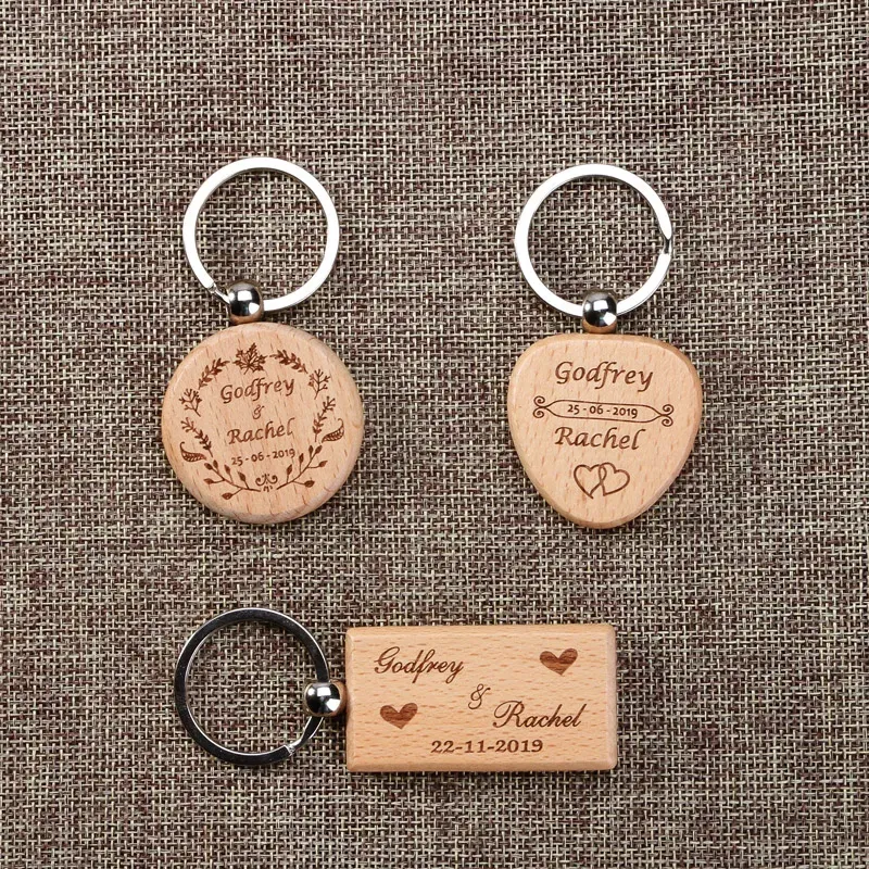 Color: Orange - 2024 Custom Logo Blank Round Rectangle Wooden Key Chain DIY Promotion Wood Keychains Wedding Gift