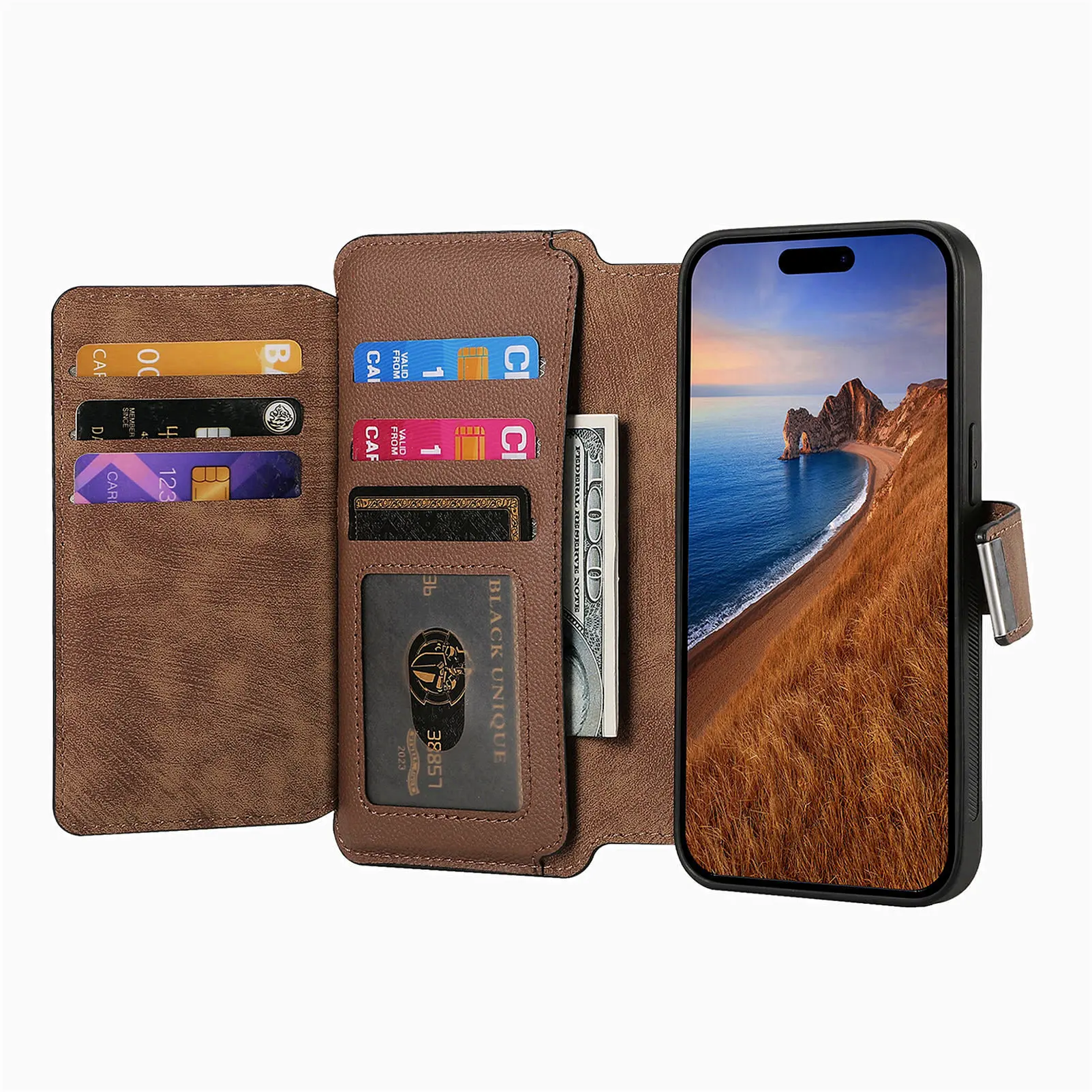 Color: BRIGHT PINK, Material: PE - With Magsafe Wallet Case For Xiaomi Poco X6 X5 X3 M6 M5S M4 M3 F6 F5 Pro F3 C31 Zipper Leather Multi 6 Card Slot Removable Cover