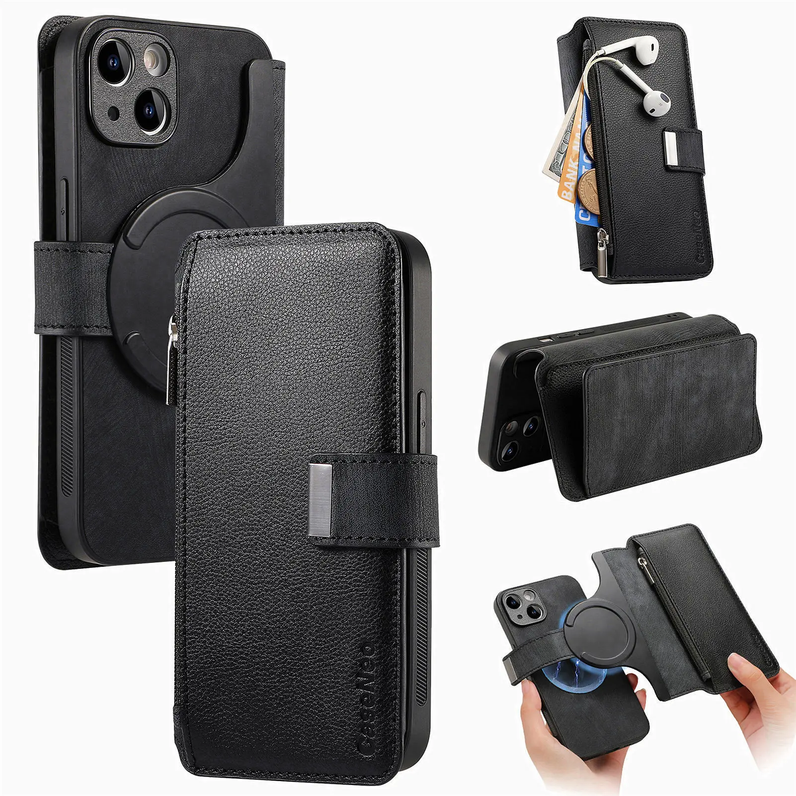 Color: BRIGHT PINK, Material: PE - With Magsafe Wallet Case For Xiaomi Poco X6 X5 X3 M6 M5S M4 M3 F6 F5 Pro F3 C31 Zipper Leather Multi 6 Card Slot Removable Cover