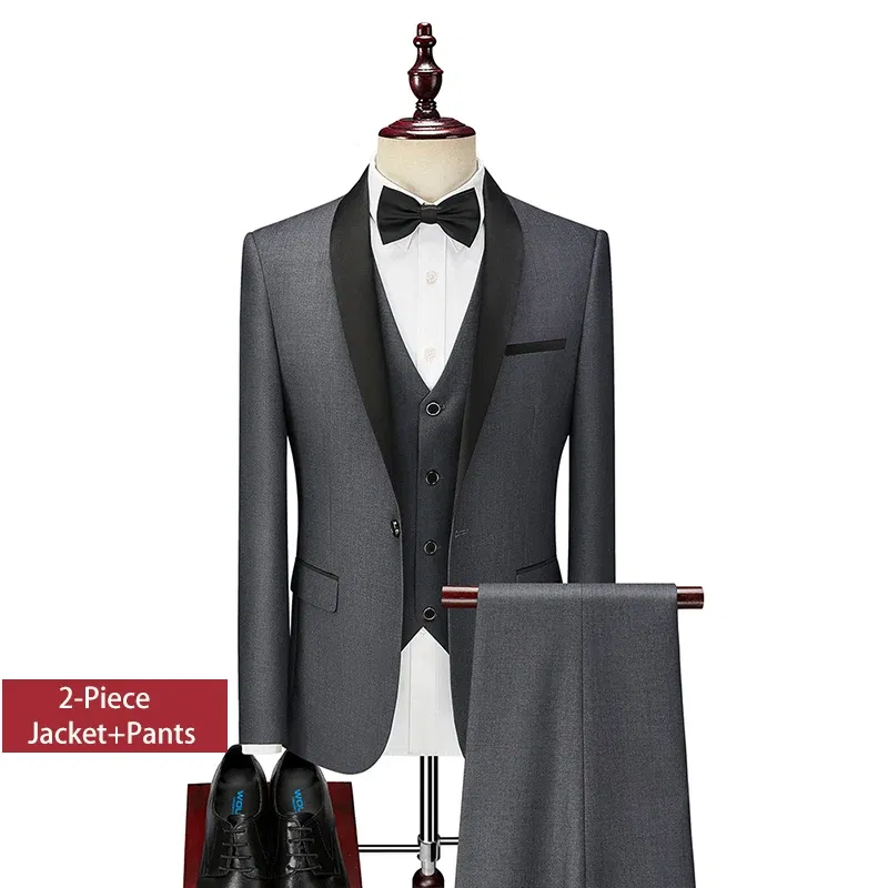 Color: GRAY, Size: L - Shenrun Men Tuxedo Slim Fit Fashion Suit Wedding Shawl Lapel 3 Pieces Skinny Single Breasted Jacket Party Prom Singer Costume