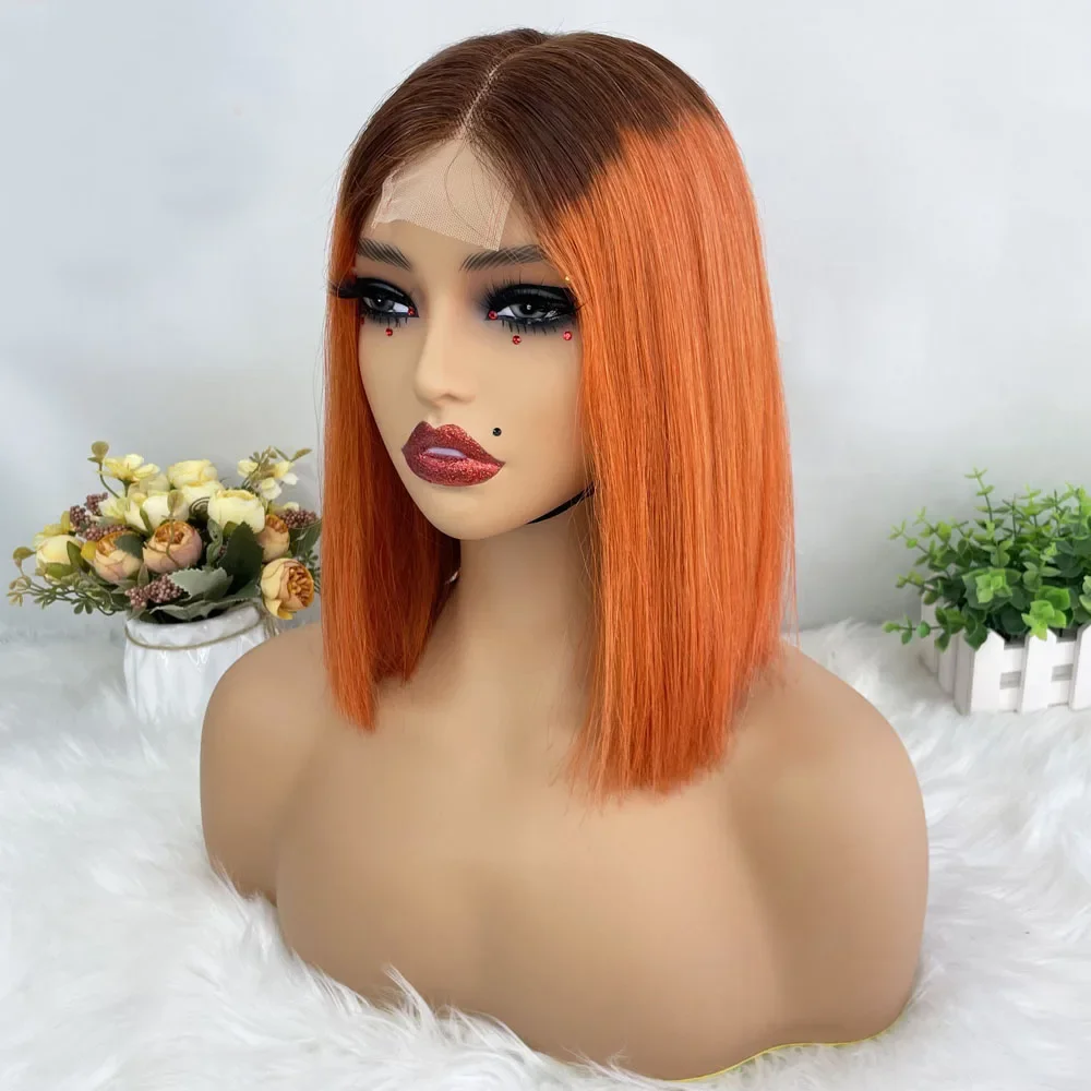 Hair Color: #2, Stretched Length: 8inches, Density: 100% - Vietname Super Double Drawn Straight Short Bob Wigs 2x6 Lace Closure Wig for Women 100% Human Hair Orange Candy Lace Closure Wig