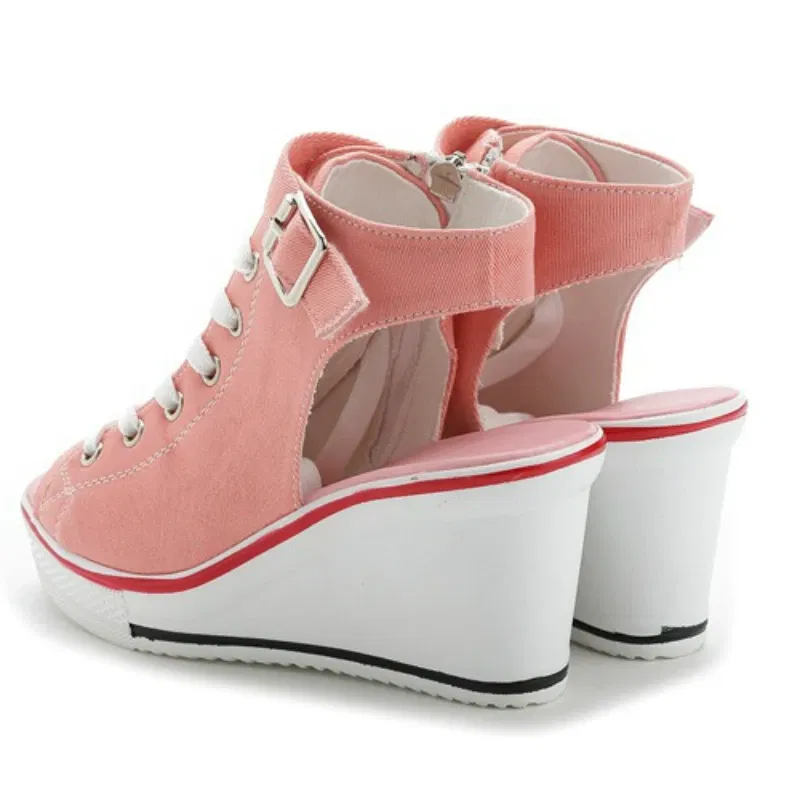 Color: Pink, Shoe Size: 43 - Spring Summer Women's Height Increasing Platform Canvas Fish Mouth Shoes Open Toe Hollow Canvas Wedge Shoes Zapatos Para Mujer
