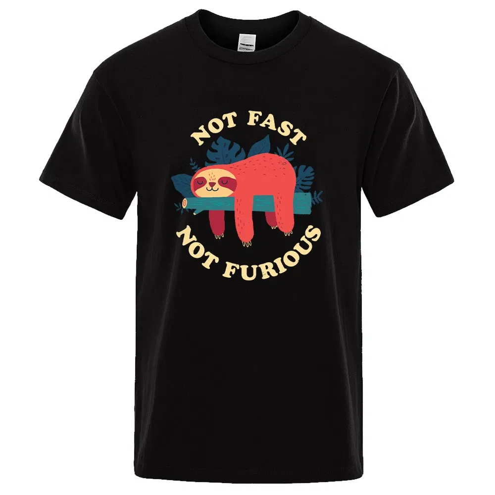 Color: black, Size: M - Not Fast Not Furious Sloth Cute Print Men Tee Shirts Breathable Cotton Tops Street Fashion T-shirt Women Casual Summer T Shirts
