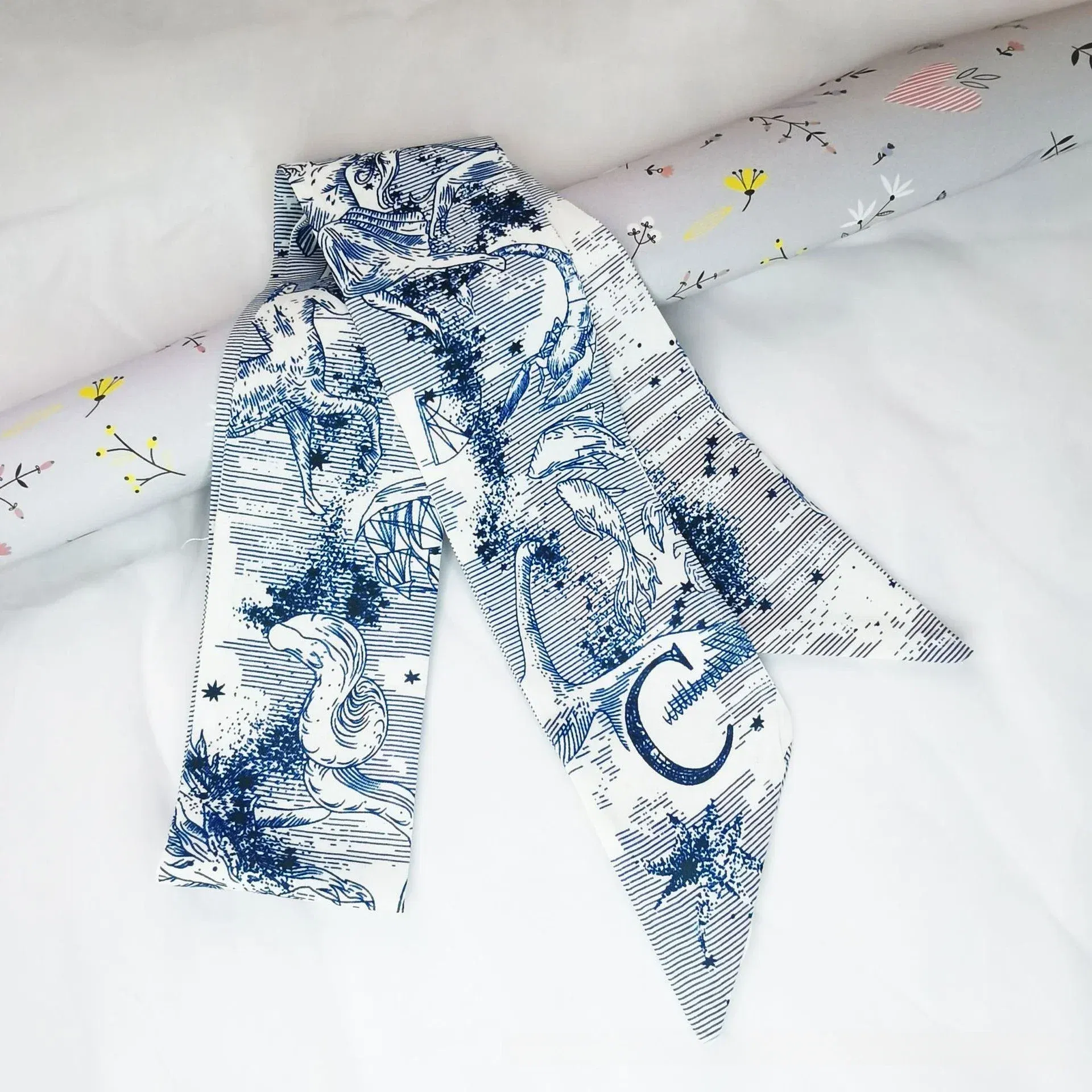 Color: Blue, Size: XXS - Fashion Skinny Scarf Women Luxury letter Printing Tie Bag Handle Ribbon Hair Band Women's Headscarf New Lady Design Silk Scarves