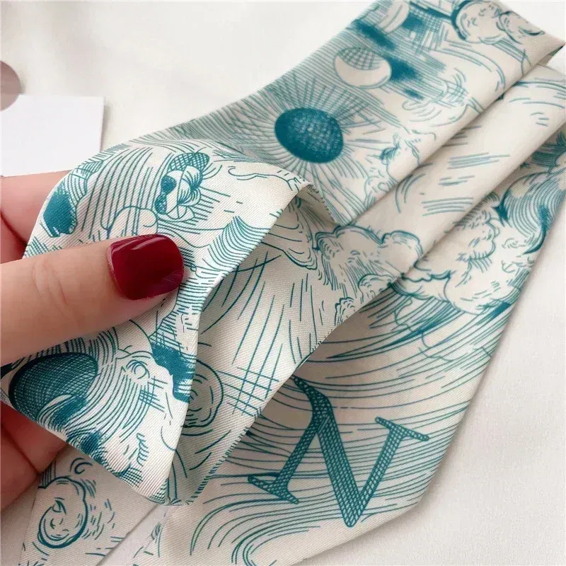 Color: Blue, Size: XXS - Fashion Skinny Scarf Women Luxury letter Printing Tie Bag Handle Ribbon Hair Band Women's Headscarf New Lady Design Silk Scarves