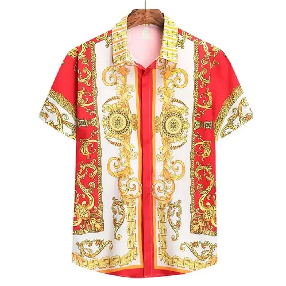 Color: Gold, Size: M - Summer Fashion Men's Short Sleeve Casual Shirts Luxury Style Gold Printed Tops Everyday Casual Wear Men's Shirts Oversized Tops